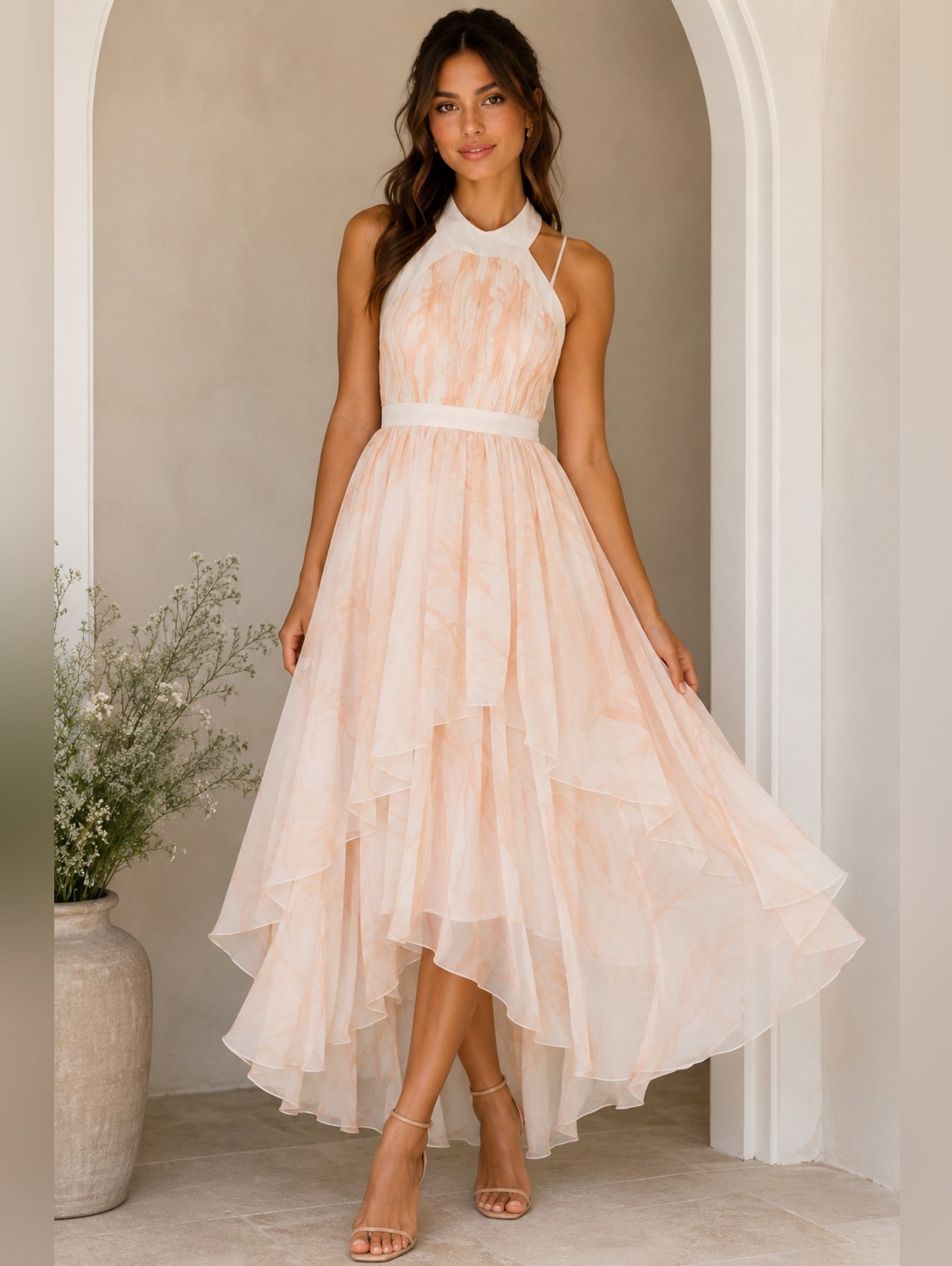 Sleeveless Peach Halter High-Low Dress